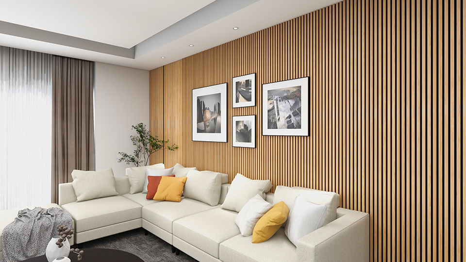 Modern wood slat accent wall installation in a Stittsville residence.